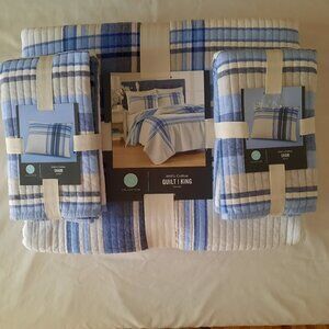 Martha Stewart 100% Cotton King Quilt & 2 Standard Shams - Engineered Plaid